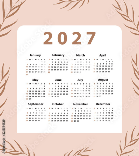 Calendar set 2027 starting from Sunday. Vector illustration
