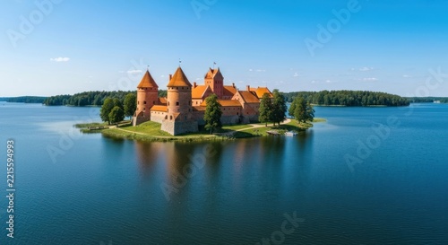 Aerial view of a historic brick castle on a small island in a serene blue lake