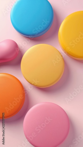 Large colorful shapes sliding across clean background with generous negative space and shadows