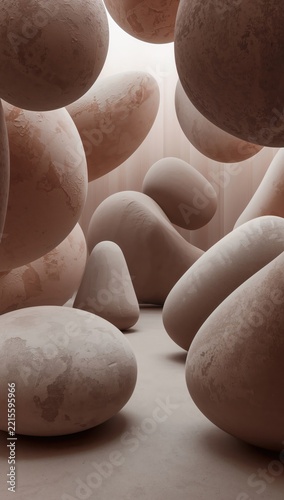 Surreal abstract room with oversized geometric objects rotating under soft diffused lighting