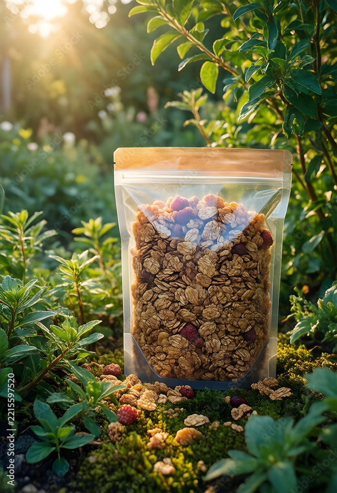 Fototapeta premium Healthy breakfast and organic nutrition, granola with dried berries in a sustainable pouch packaging outdoors in a garden with natural morning sunlight