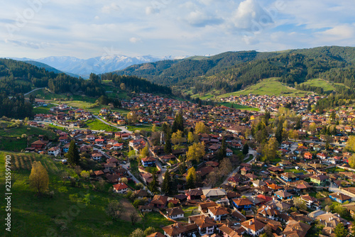 Koprivshtitsa town with Central Balkan mountains in Bulgaria