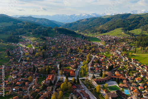 Aerial panorama of Koprivshtitsa and Central Balkan mountains, Bulgaria