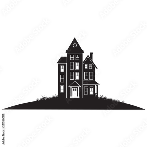 Victorian Mansion House Hilltop Real Estate Silhouette Vector Logo