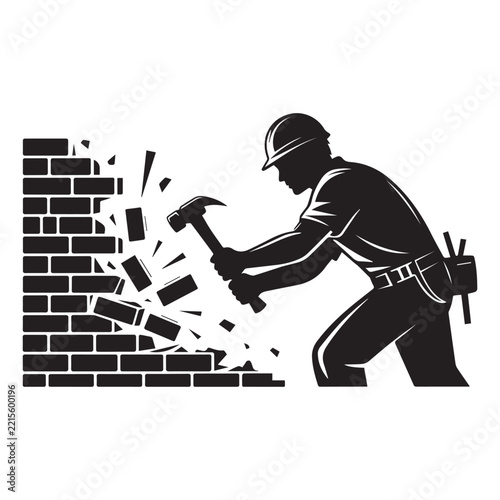 Construction Worker Breaking Brick Wall Demolition Vector Logo