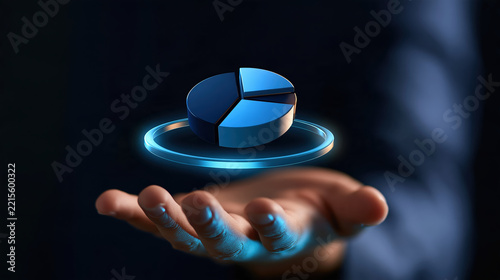 Floating blue pie chart hologram above open hand conveys digital data analysis and business intelligence with futuristic technology