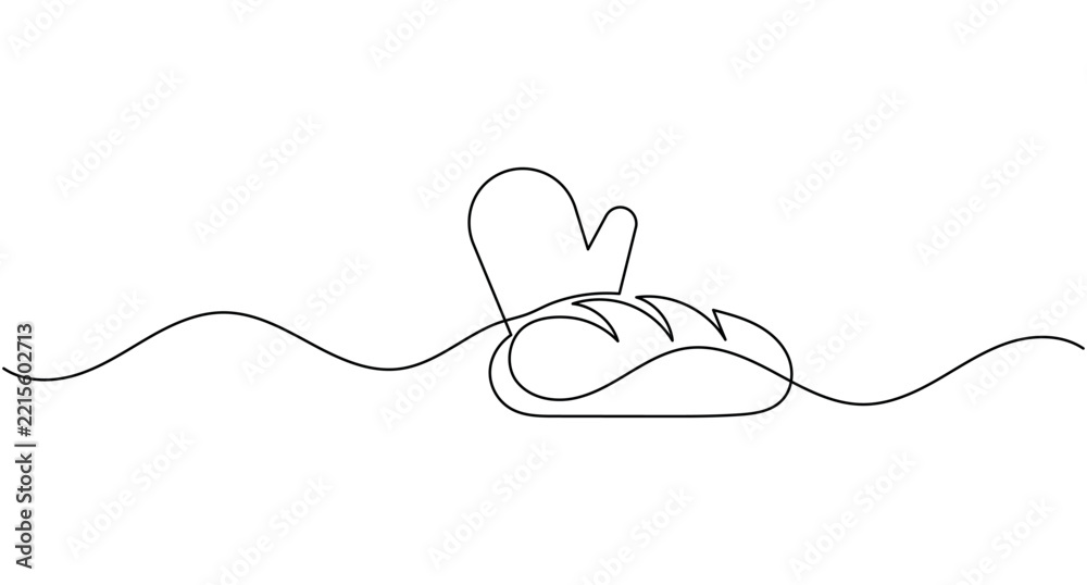 Obraz premium Oven glove with bread continuous one line drawing minimalist bakery food outline editable stroke vector illustration
