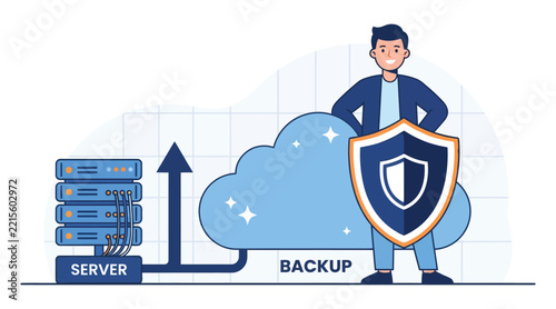 Man protecting cloud server data backup with a security shield
