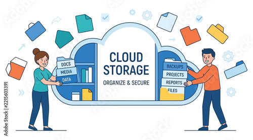 People organizing digital files into a large cloud storage icon