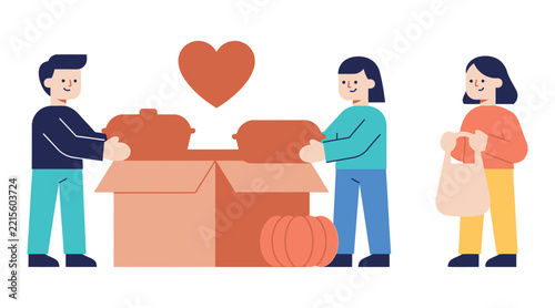 People packing food donation box for charity with heart icon flat illustration