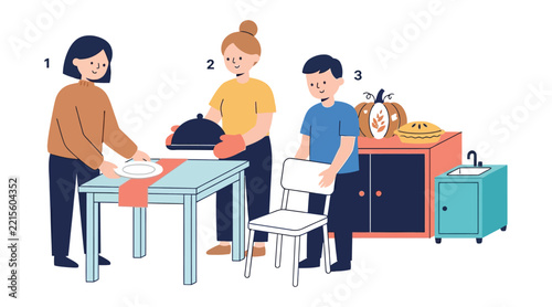Family preparing a festive dinner table together in a home kitchen setting