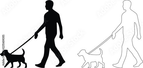Person Walking Dog Silhouette and Outline Illustration