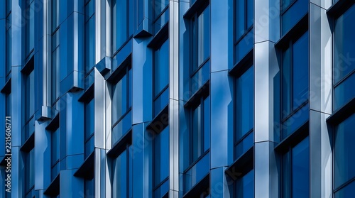 Modern blue glass building facade with geometric metal panels and vertical patterns of a city office skyscraper exterior during a bright sunny day