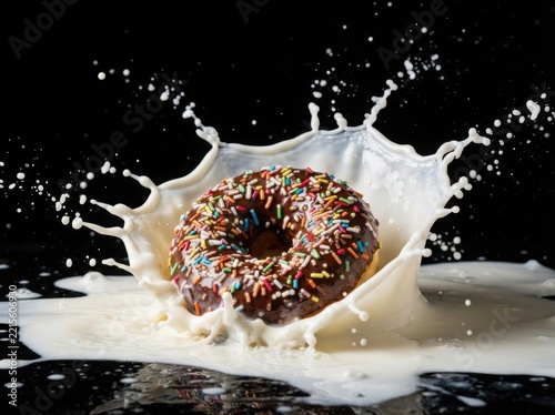 Chocolate donut with sprinkles falling into a milk splash illustration