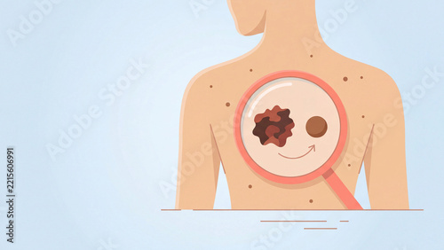 Skin cancer screening concept, magnifying lens comparing an irregular mole with a normal mole on the back, flat vector illustration with copy space