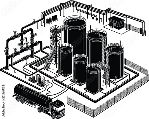 Isometric black silhouette vector illustration of an oil storage depot with large cylindrical tanks, pipelines, valves, staircase platforms, security fence, guard booth and fuel tanker truck
