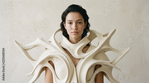 Portrait of young woman with abstract shell-like sculpture in studio
