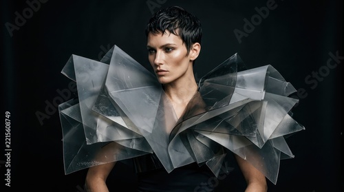 Elegant portrait of a stylish woman with sculptural silver fashion shapes