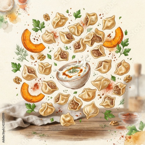 Floating pumpkin dumplings with creamy sauce and herbs illustration