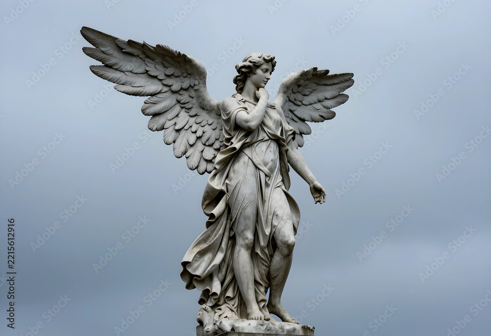 Fototapeta premium Spirituality and divine grace, marble angel statue with wings spread in a contemplative pose against a cloudy sky for religious and historical themes