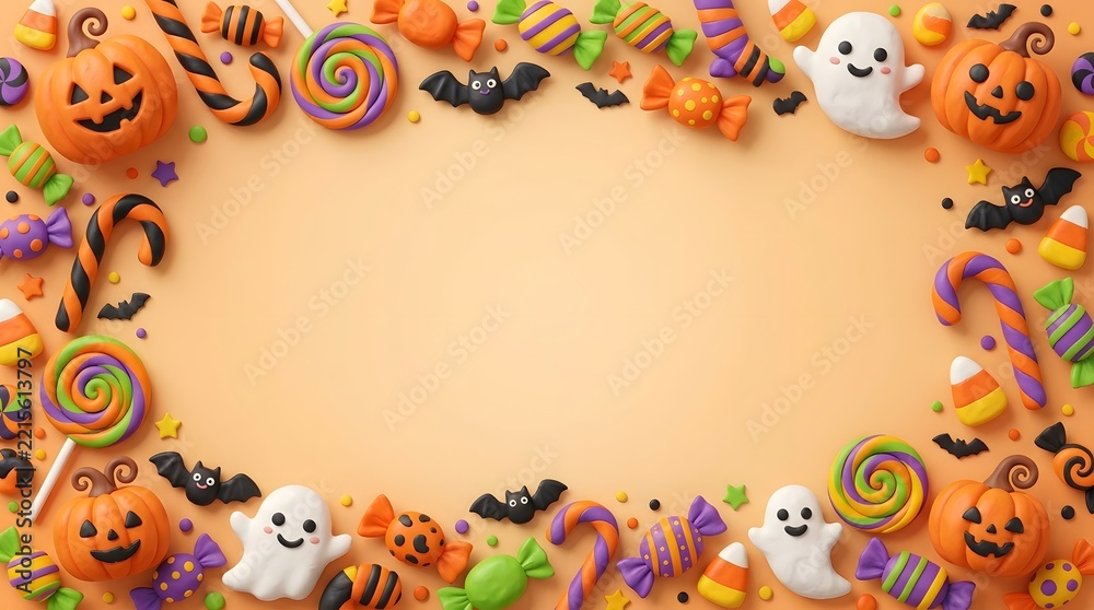 Fototapeta premium A delightful halloween border brimming with iconic symbols like pumpkins playful ghosts and a colorful assortment of candies creates a festive and inviting atmosphere perfect