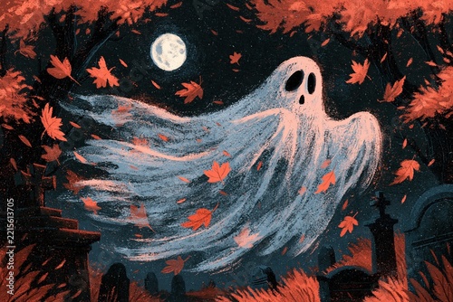 Ethereal ghost floating through a spooky graveyard under a full moon in autumn season