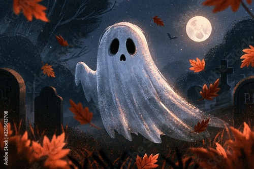 A whimsical ghost floating through a moonlit cemetery surrounded by vibrant autumn foliage leaves