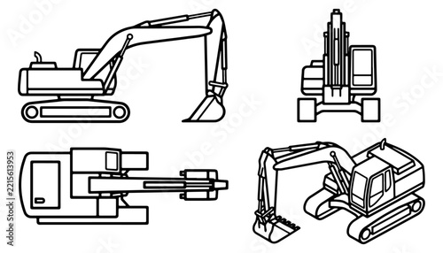 Excavator Technical Line Art Collection with Side Front Top and Perspective Machinery Views.