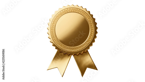 Fotografie Shiny golden award ribbon rosette with laurel wreath detail, isolated on transpa