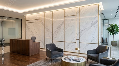 Luxury modern office reception area, white marble accent wall with gold trim, upscale corporate waiting lobby interior