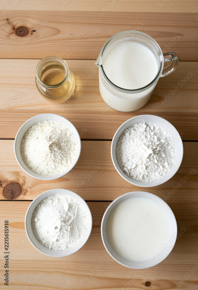 Fototapeta premium Plant based milk production, vegan dairy alternative ingredients with coconut flakes and oil in bowls on wooden table for healthy nutrition and cooking