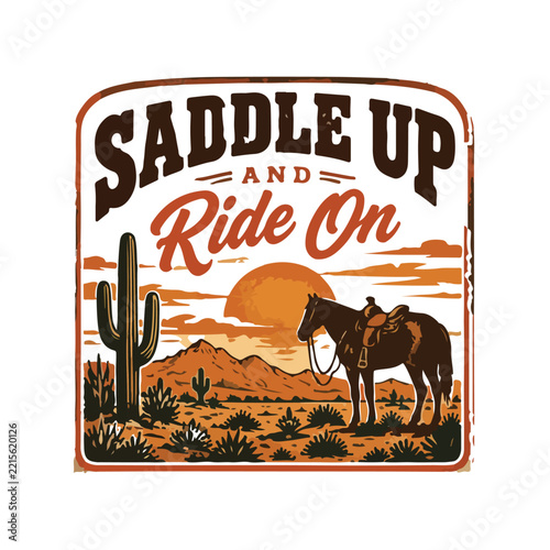 Western Cowboy Scene with Horse and Cactus Illustration