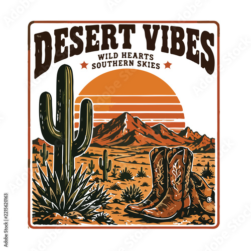Desert Landscape with Cactus and Cowboy Boots Vintage Illustration