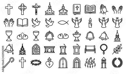 SEO Title: Christian Faith Worship Church and Religious Symbols Outline Icon Set