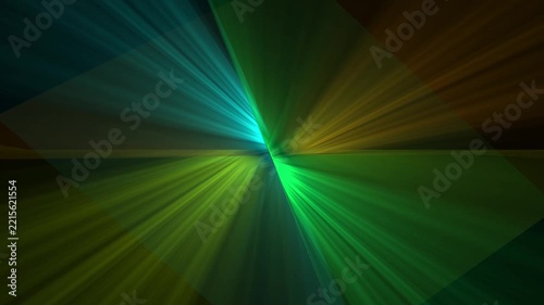Abstract light rays burst from center in green and blue 3D render with glowing motion lines