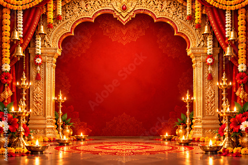 Durga Puja Red and Gold Background with Traditional Arch, Diyas and Marigold Garlands