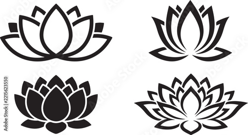 Premium minimalist lotus flower silhouette icon collection for botanical, wellness, nature and floral stock design applications.