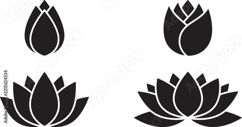 Premium minimalist lotus flower silhouette icon collection for botanical, wellness, nature and floral stock design applications.