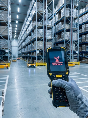 Handheld scanner shows no connection in warehouse aisles.