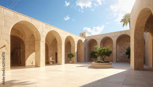 Tranquil courtyard with classical arches and lush greenery under a bright blue sky