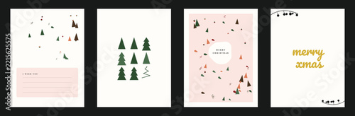Set of four minimalist Christmas greeting cards with trees and festive text and holiday