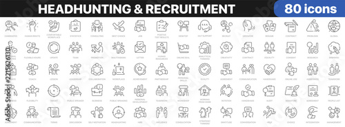 Headhunting and recruitment icon set with candidates, hiring, resumes, interviews, teamwork, human resources and workplace management symbols in linear style