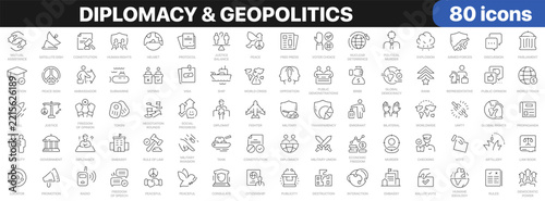 Diplomacy and geopolitics icon set with government, democracy, international relations, peace, elections, military and global cooperation symbols in linear style