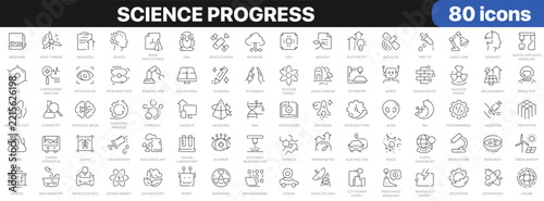Science progress icon set with research, technology, medicine, artificial intelligence, space, renewable energy and scientific innovation symbols in linear style