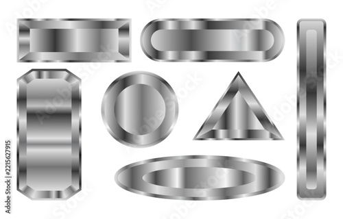 Silver metallic geometric plate for label, frame or highlight graphic element. Chrome gradient geometry shape collection.