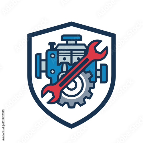 Automotive engine and wrench inside a protective shield icon
