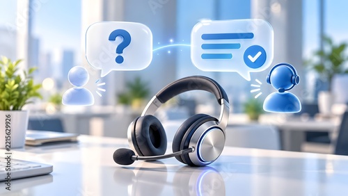 Call Center Headset On Desk With Holographic Avatars And Speech Bubbles Symbolizing Virtual Customer Support Service