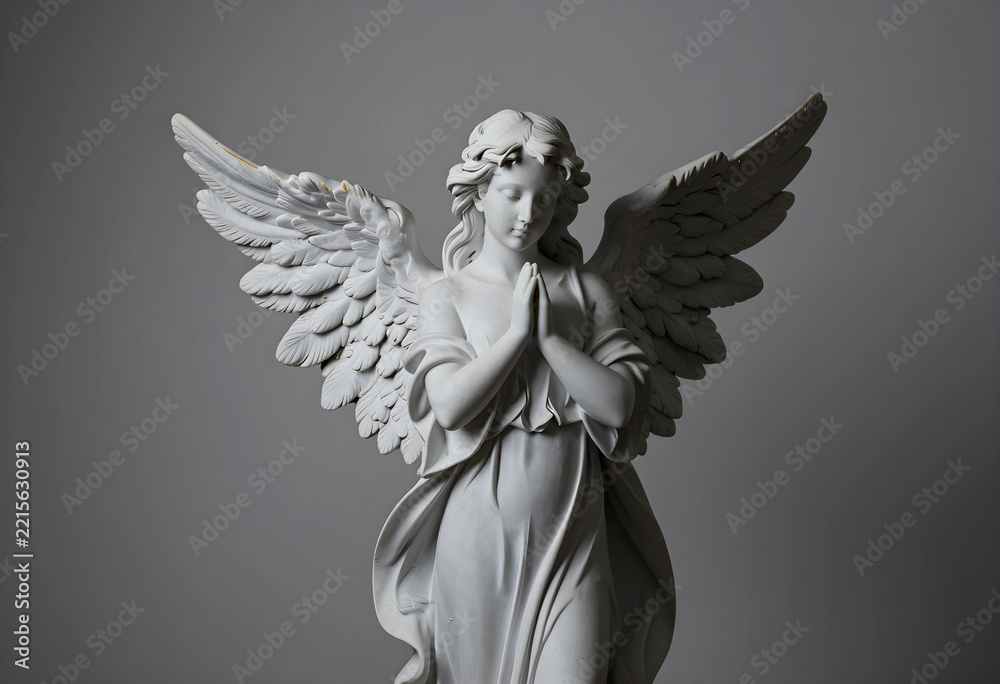 Fototapeta premium Spirituality and peace marble angel statue with praying hands and wings spread for religious worship funeral memorial and divine grace concepts