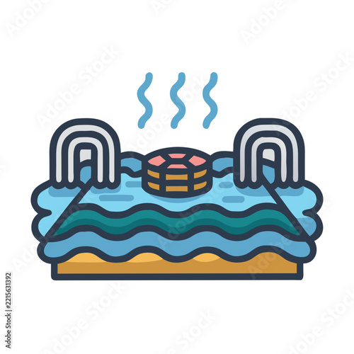 Stylized flat illustration of hot spring with arched waterfalls
