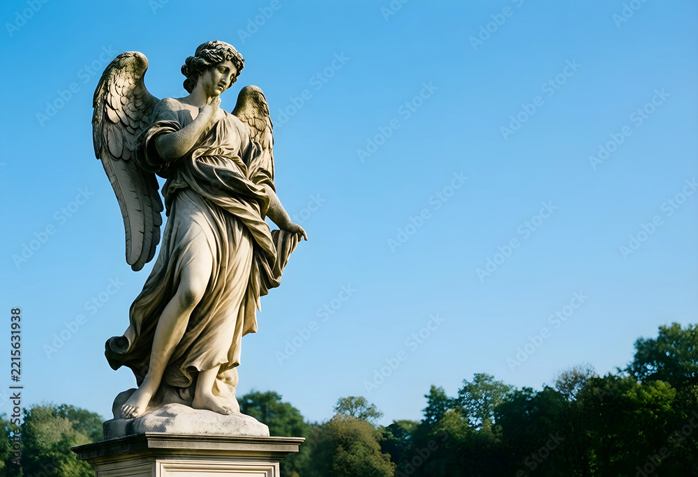 Fototapeta premium Spirituality and faith concept, stone angel statue with wings in a peaceful garden setting under a clear blue sky for religious and memorial themes
